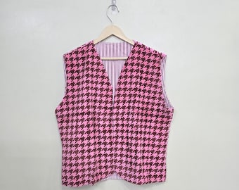 Pink abstract print velvet vest for women- Stylish sleeveless winter wear vest
