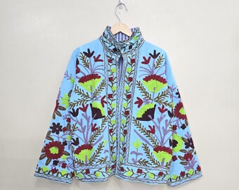 Embroidered Cotton Bell Motif Jacket: Floral Suzani Bohemian Blue