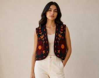 Aksamitna kamizelka z haftem Suzani: krótki płaszcz bez rękawów w stylu boho