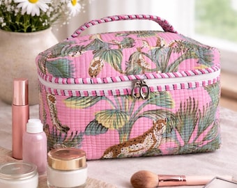 Pink Jungle Print Quilted Cotton Vanity Bag , Cosmetic organizer ,