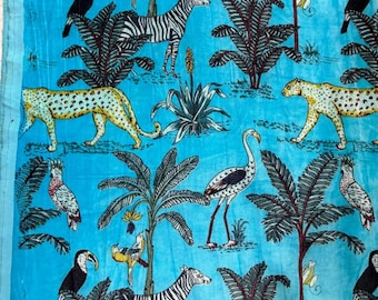 Blue Jungle Print Velvet Fabric: Exotic Wildlife, Tropical Decor