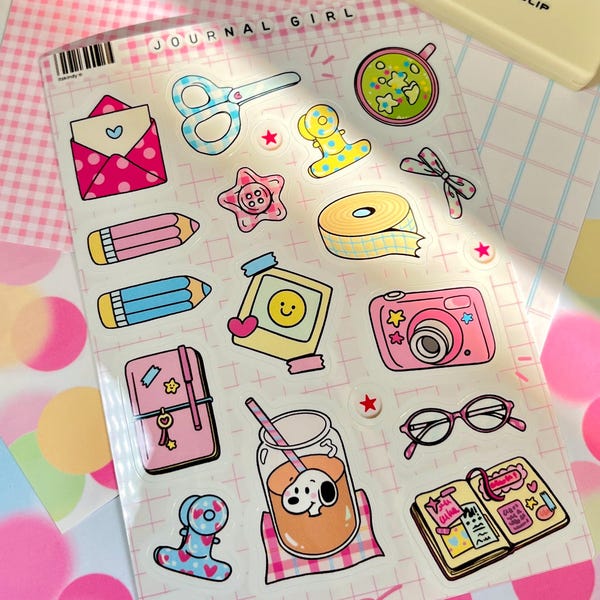 Journal Girl Sticker Sheet • Cute Colorful Stationery for Journaling, Penpal, Laptop & Scrapbooking • itskindy