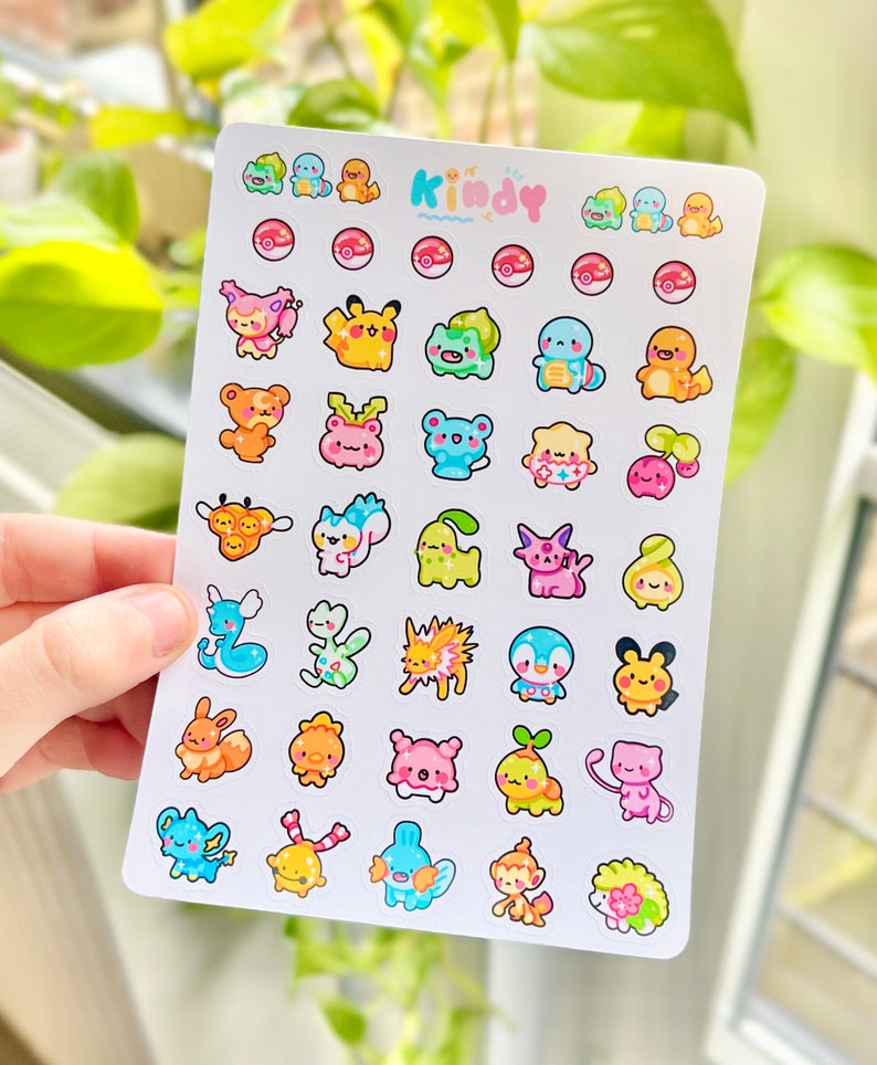 Tiny Pokemon Stickers Sheet, Journaling Stickers, Penpal Stickers, Pokemon Sticker, Cute Briefpapier, Leuke kunst, Kleurrijke Stickers, itskindy afbeelding 1