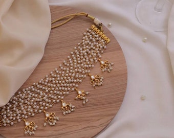 Long Pearl Necklace Set | Indian Necklace | Gold Necklace Set | Statement Jewelry | Bollywood | Indian wedding jewelry|Indian jewelry Silver