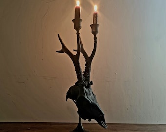 Real Roe Deer Skull Gothic Candle Holder Black, Alternative Moody Decor