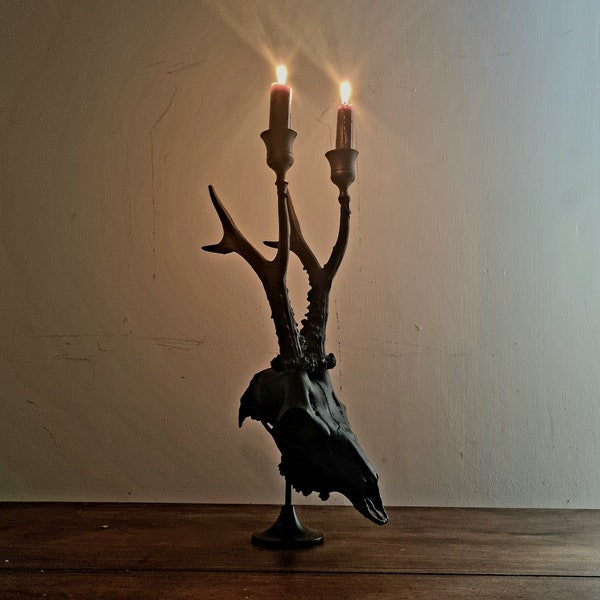 Real Roe Deer Skull Gothic Candle Holder Black, Alternative Moody Decor