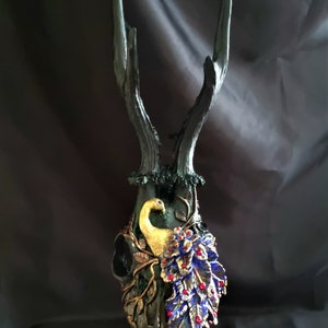 Real Roe Deer Skull with Hand Sculped Dreamy Peacock
