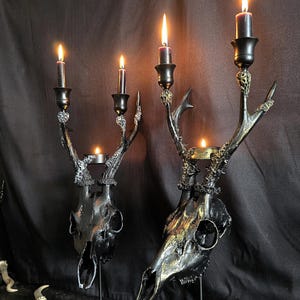 Porta-velas com caveira de veado preto – Cor de destaque personalizada – Altar de bruxa gótica, exibição de casa de bruxa pagã, Altar de caveira encantada
