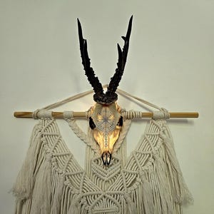 May include: A deer skull with dark antlers mounted on a wooden dowel, featuring a black geometric compass design on the forehead. The skull is illuminated from within and hangs against a cream-colored macrame wall hanging with fringe.