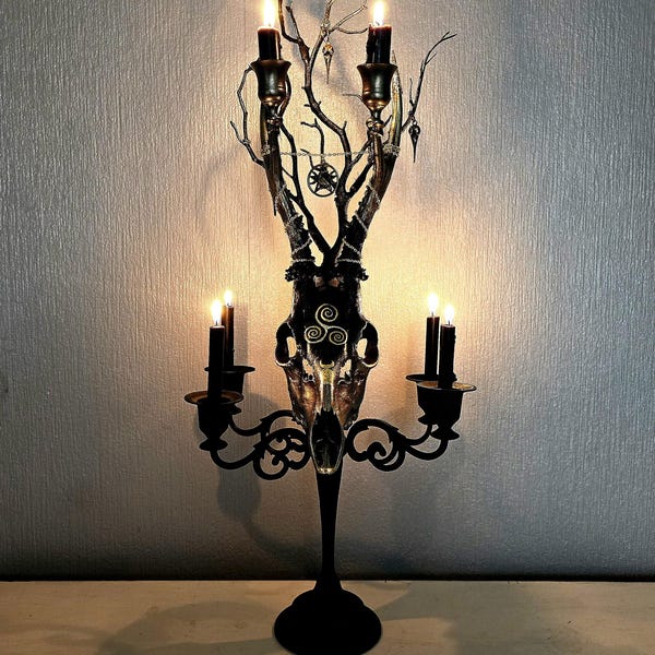Morrigan Roe Deer Skull Candelabra: Celtic Goddess Altar Decor