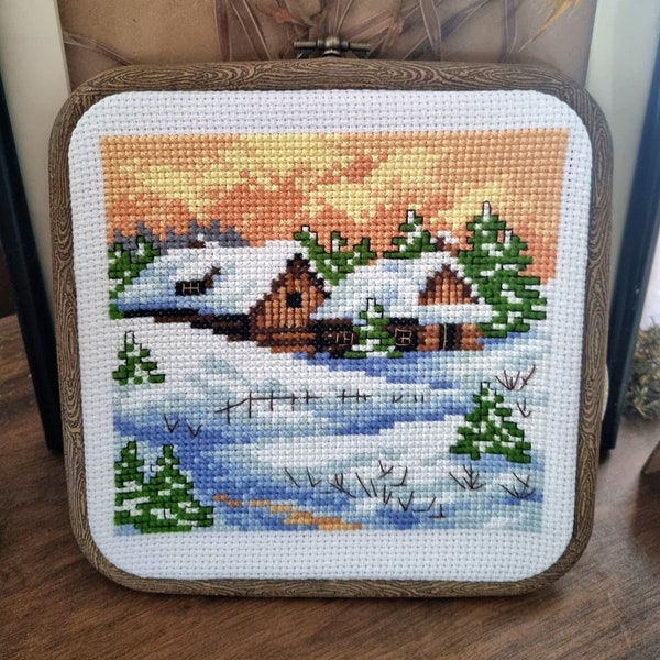 Embroidery Hoop Art Cross Stitched Picturesque Winter Scenery Boho Style Wall Art