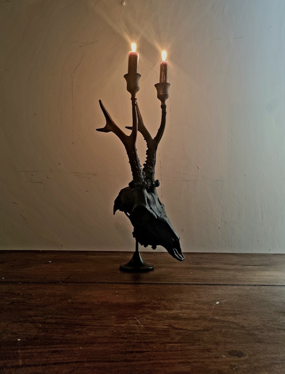 Real Roe Deer Skull Gothic Candle Holder Black, Alternative Moody