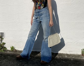 1970 High waist flared jeans in indigo denim / vintage 70s flare denim pants, Size S, Made in France