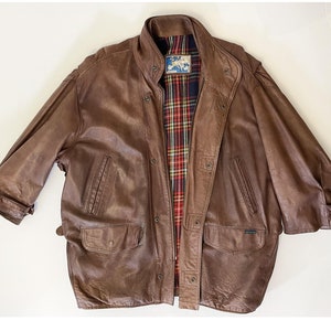 veste en cuir marron doublure carreaux vintage 1980, parka cuir Erinkson's, made in France, taille L. 80s brown leather jacket size L