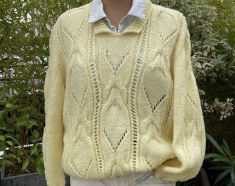 Pull vintage jaune pastel à torsades, en coton tricoté main, taille M, pull vintage 60s / 60s yellow sweater size M