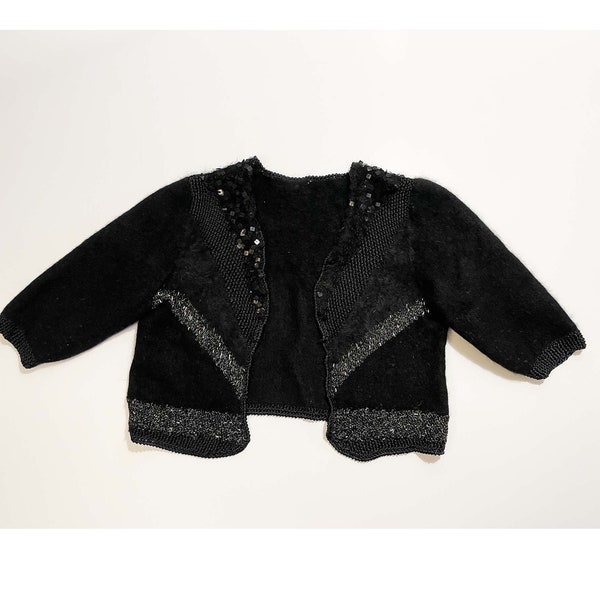 Gilet noir en mohair, viscose et paillettes sequins, vintage 1980