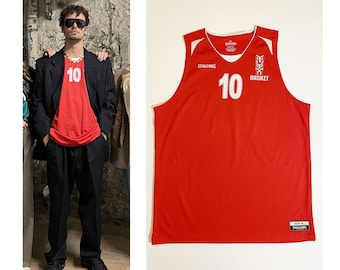 Maillot de basketball vintage "SPALDING", débardeur de sport homme rouge et blanc, imprimé chiffre "10" taille XL. Débardeur Vintage Y2K