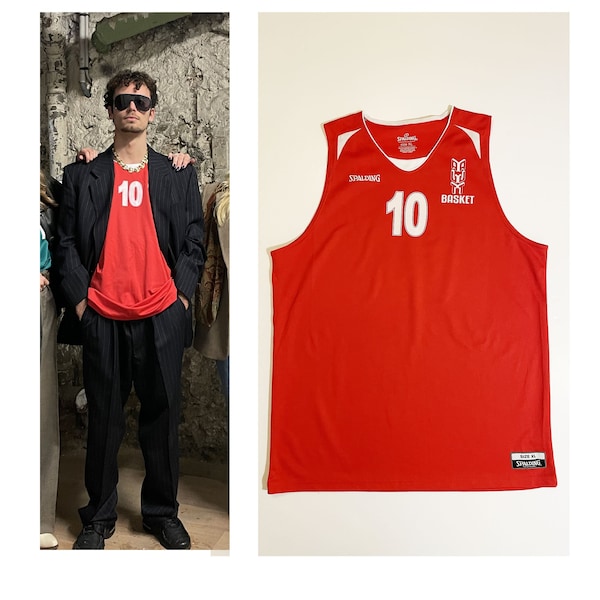 Maillot de basketball vintage "SPALDING", débardeur de sport homme rouge et blanc, imprimé chiffre "10" taille XL. Débardeur Vintage Y2K