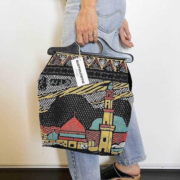 sac en tissu et perles multicolore, sac oriental en perles vintage 1970