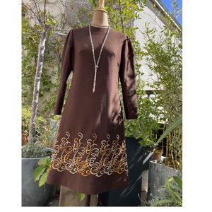 1970s Vintage 70s Handmade Brown Abstract Embroidered Dress Size M