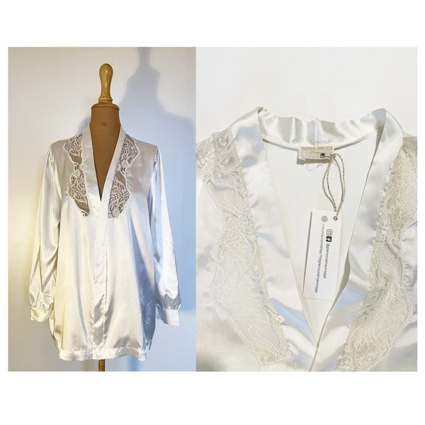 NINA RICCI lingerie chemise blanche en satin et dentelle, top lingerie de nuit vintage