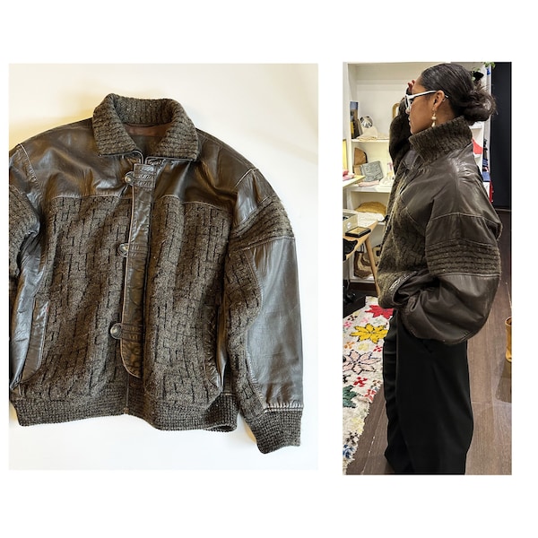 blouson en cuir marron et maille vintage 1990 Taille L / 90s men leather and knit Jacket size L