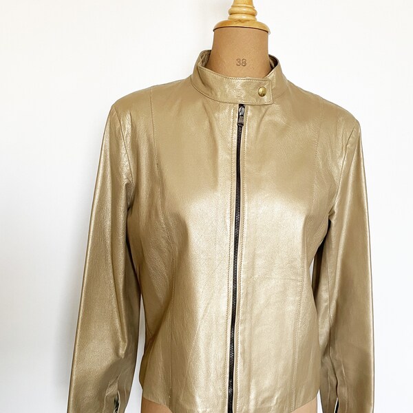 Blouson en cuir or marque LA BAGAGERIE made in France, vintage gold leather zipper jacket. Size L