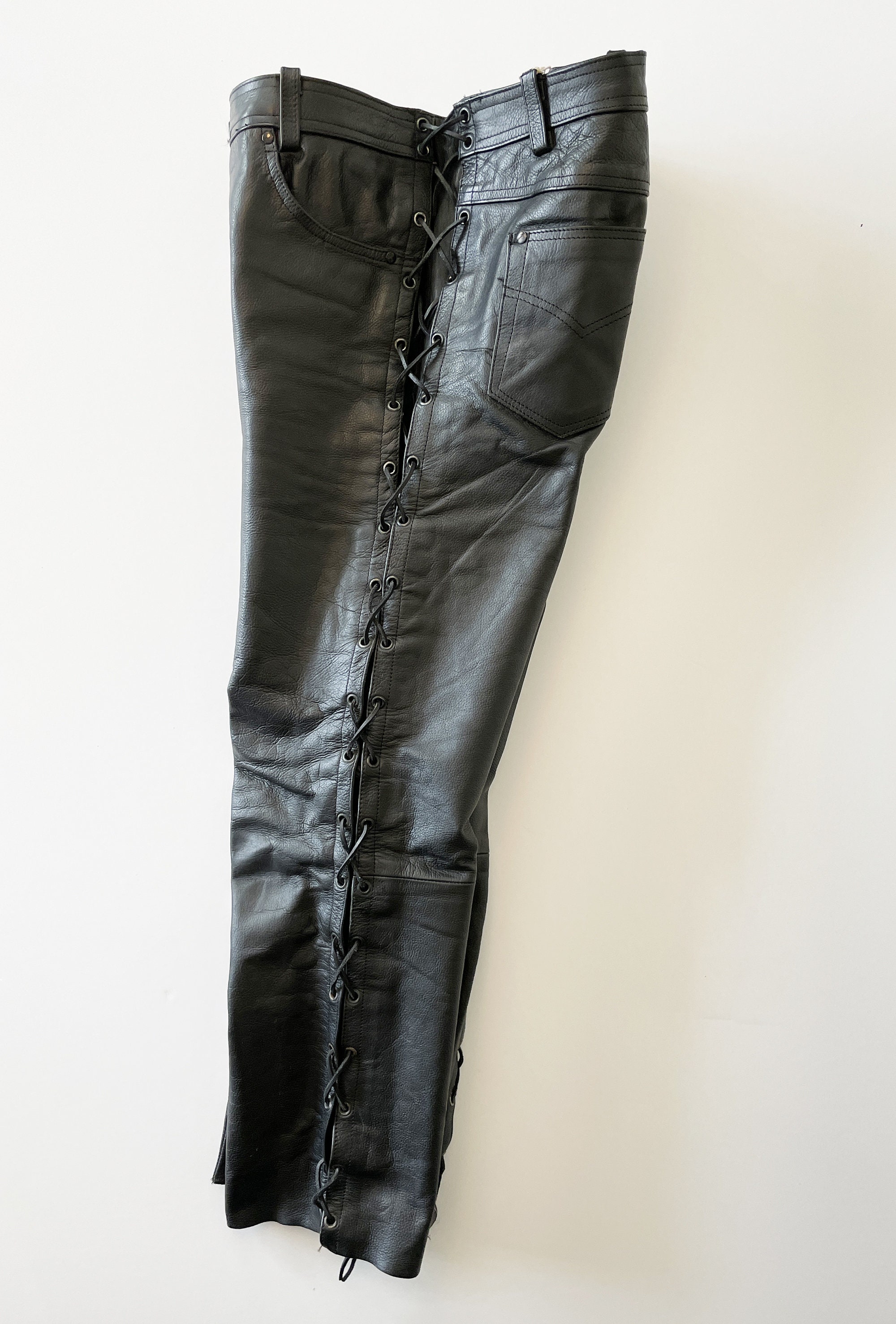 Black Leather Pants With Laces, Vintage 1990 Size L (france