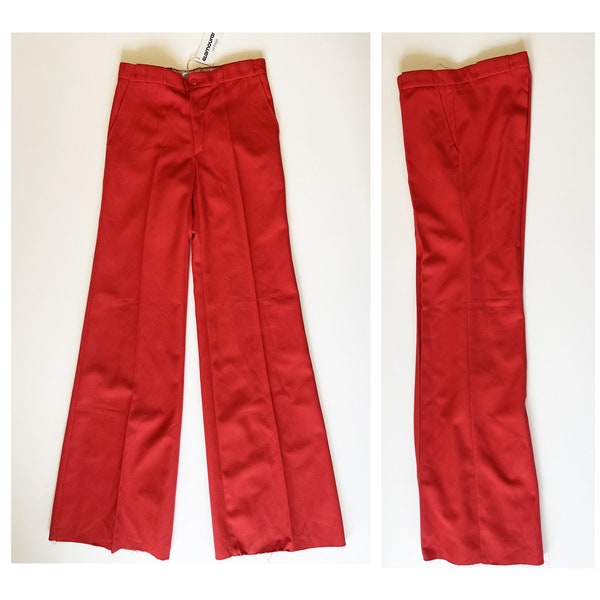 1970 pantalon rouge pattes d'éléphant, plis permanent, pantalon évasé et taille haute vintage 70s taille XS