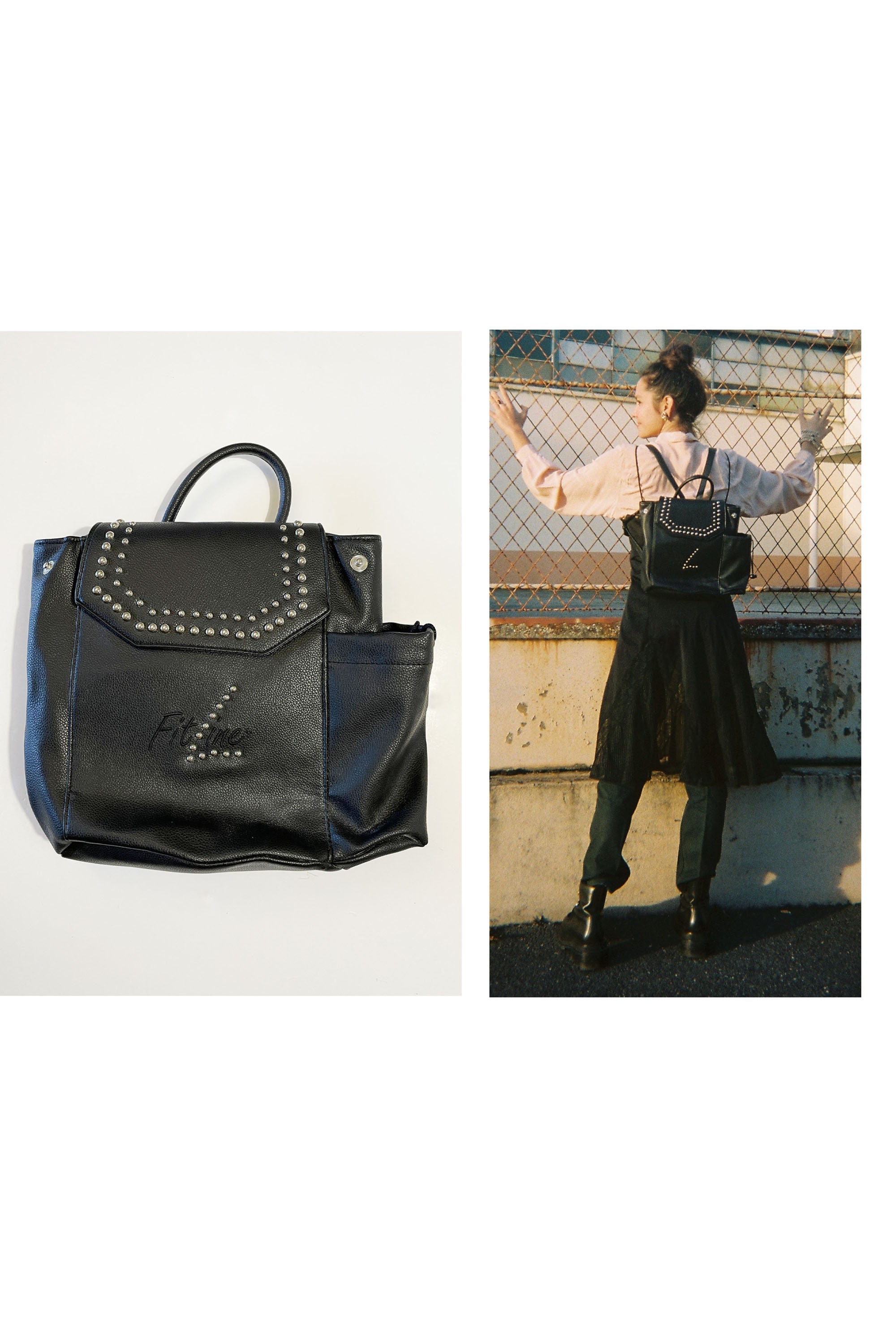 Vintage 1990s Black Backpack, Faux Leather and Silver Studs