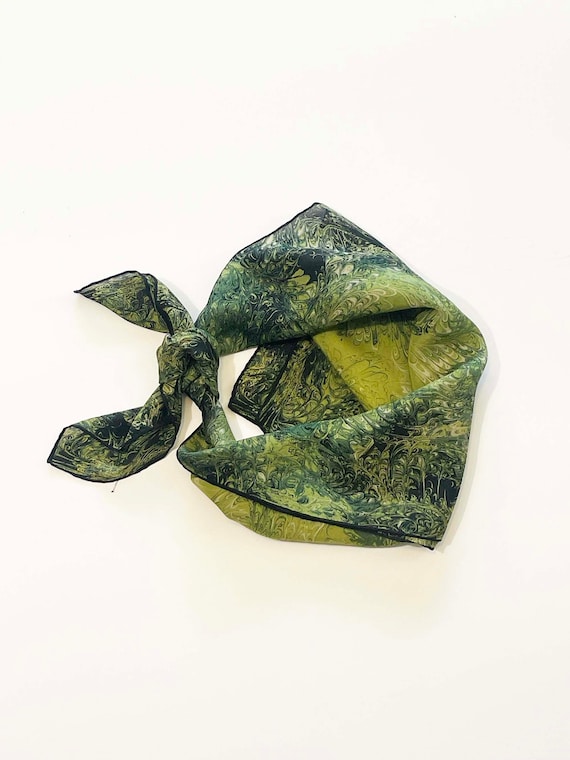 1960s silk scarf, large square of green silk prin… - image 1