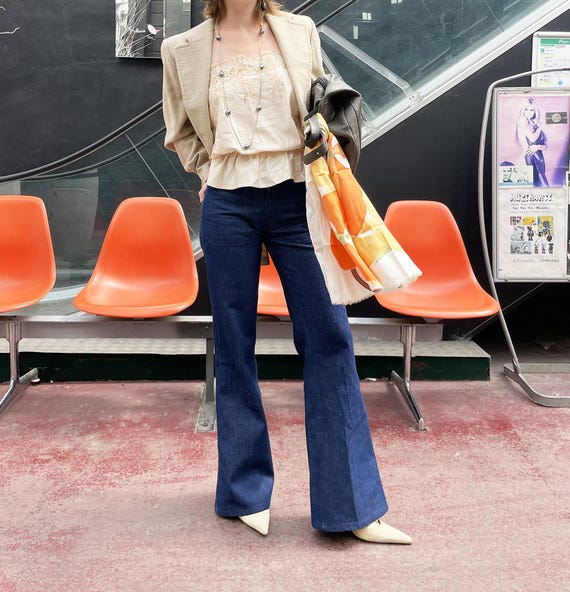 Levi's 1970s Blue Denim Bell Bottom Jeans, Size XS, Flare