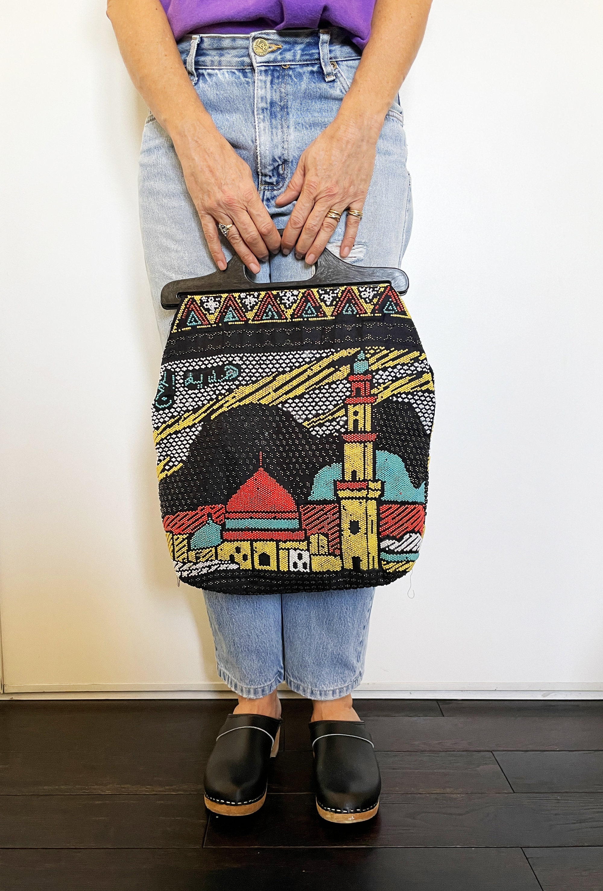 Bag in Fabric and Multicolored Beads, Oriental Bag in Vintage