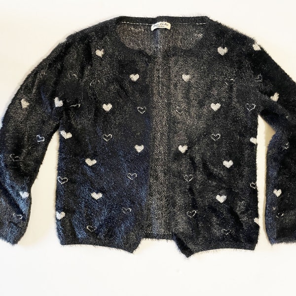 Cardigan noir en maille chenille à motifs coeurs, coloris noir et blanc, Vintage 1990, taille M