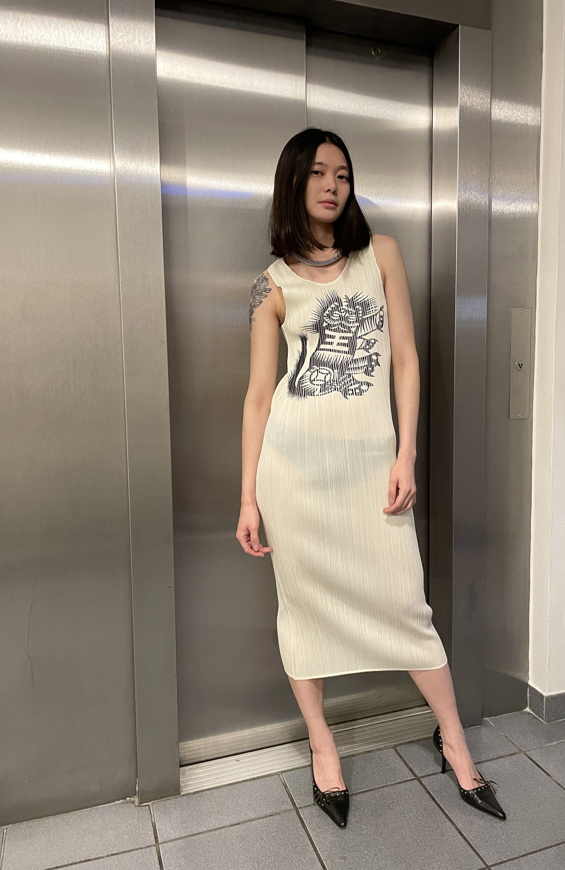 ISSEY MIYAKE Pleats Please Pleated and Printed Tank Dress