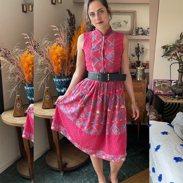 Dress ANASTASIA paris vintage 80s color fushia and multicolored print size M