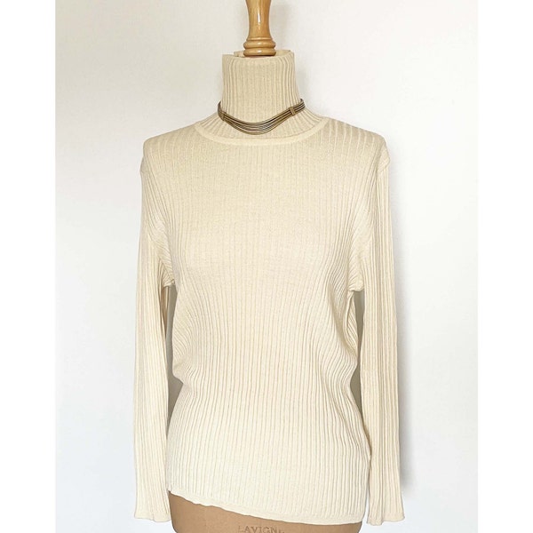 pull col roulé à côtes coloris blanc crème vintage 80s, Pull chaussette en laine