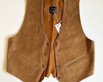 Gilet veston western homme en peau beige et dos satin, gilet western en daim vintage