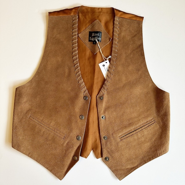 Gilet veston western homme en peau beige et dos satin, gilet western en daim vintage