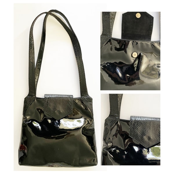 sac en cuir vernis noir de la marque BALLIN vintage 1980, sac noir bi-matière porté épaule made in Italy