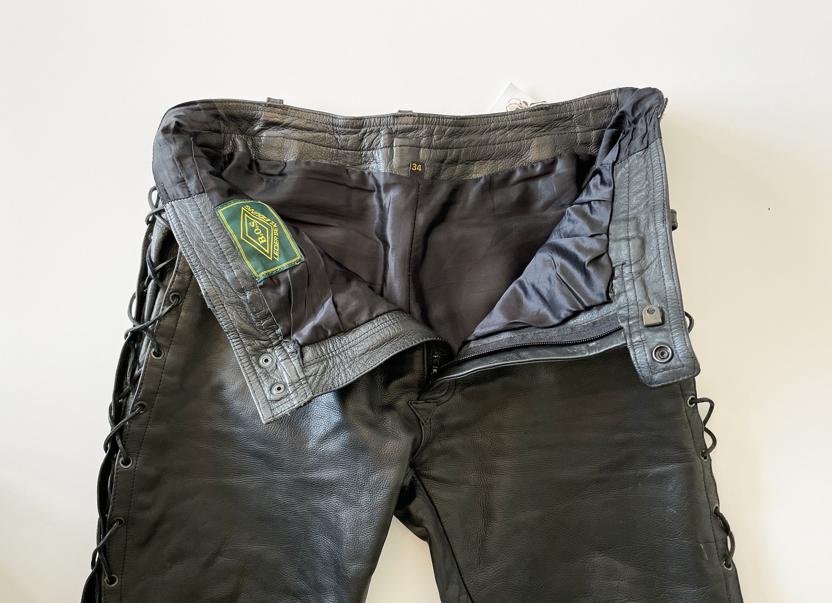 Black Leather Pants With Laces, Vintage 1990 Size L (france