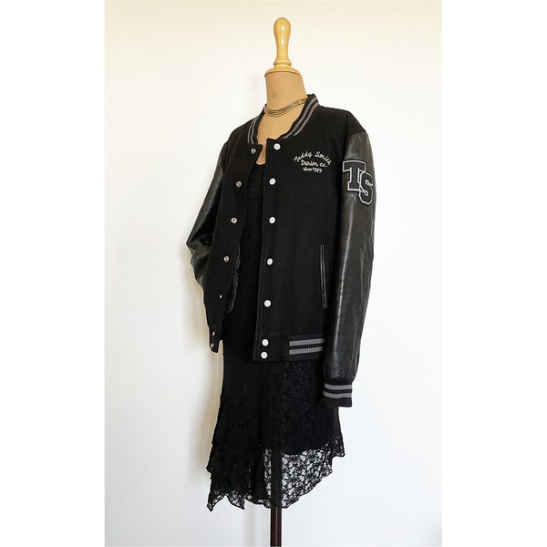 Vintage Varsity jacket, Marque Teddy Smith, blouson teddy noir laine et cuir, vintage 1990 Taille S