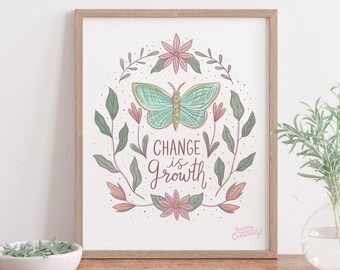 Puede incluir: Una impresión artística enmarcada con una mariposa turquesa rodeada por una corona floral. Las palabras "CHANGE is GROWTH" están escritas en cursiva. La obra de arte está en un marco de madera, con un cuenco pequeño y un jarrón en primer plano.