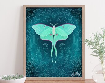Luna Moth Art Print, Luna Moth Wandkunst, Luna Motten Zeichnung, Hochwertiger Druck, Wandkunst, archivaler Kunstdruck, himmlische Kunst, 8x10, 11 x 14