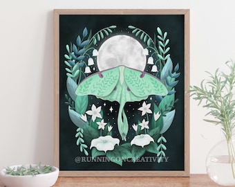 Luna Moth Illustration Kunstdruck, Luna Moth Wandkunst, Mondblumen, Hochwertiger Druck, Wandkunst, Archivkunstdruck, 8x10, 11 x 14