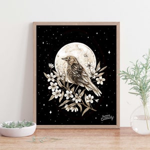 Nightingale Art Print, nachtegaal en de maan, Hoge kwaliteit print, kunst aan de muur, archief kunst print, 8x10, 11 x 14