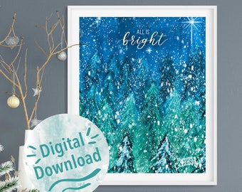 All is Bright digital download, Art Print, Christmas Decor, Holiday wall art, Christmas wall art, 8x10