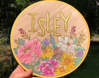 Floral Nursery Name Sign, Wood burned and watercolor sign, Custom Name Signs, Customizable, Kids Room Decor, Wall Hanging