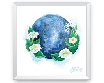 Moon Art Print, Blue Moon, Moonflowers, watercolor print, floral moon art, floral art, celestial art, moon wall art, 8x8, 12x12