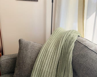 Cozy Sage Green Crocheted Throw | Ribbed Blanket | Neutral Home Decor